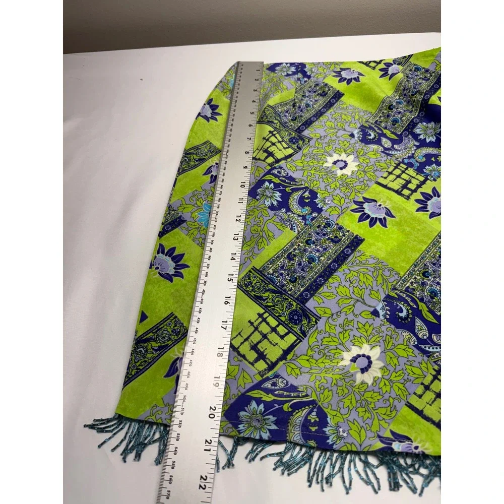 Tribeca Studio Lime Green Floral Patchwork Beaded Fringe A-Line Skirt‎ Size 4